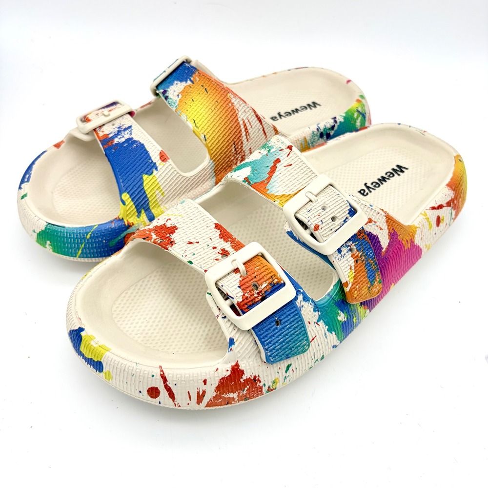Weweya Paint Splatter Cloud Slides Double Buckle Rainbow W9-10 M7.5-8.5 40-41